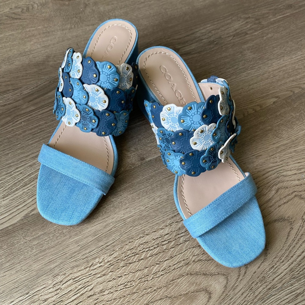Coach: Blue Mae (G3689) Mule Sandals-Tea Rose Appliqué- 8.5